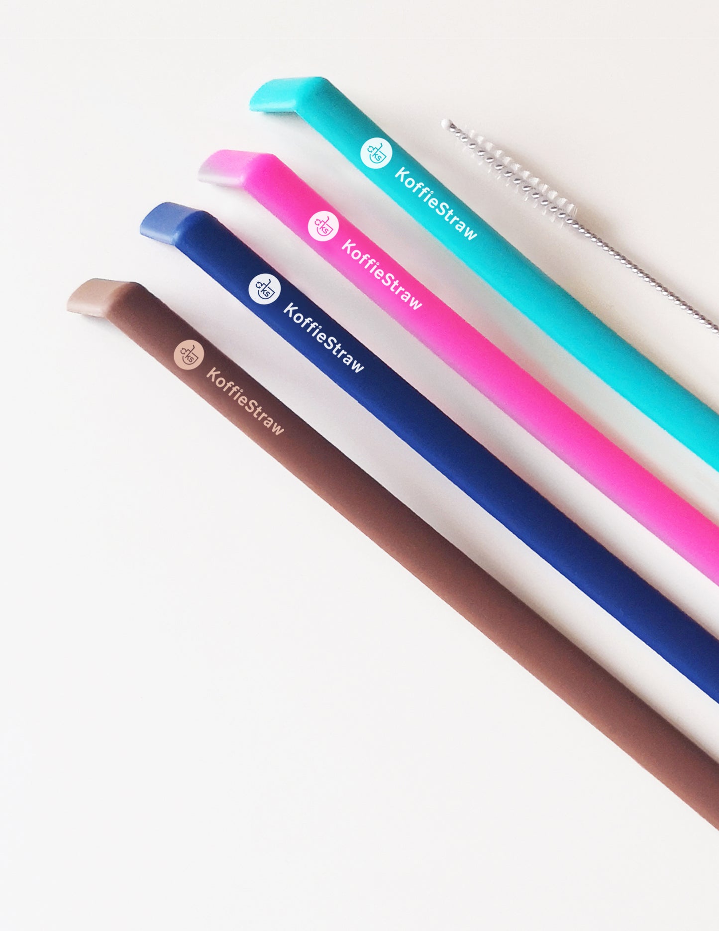 4-Pack of KoffieStraw: Mocha, Navy, Pink, Surf (all 8") with stainless steel cleaning brush in home-compostable packaging