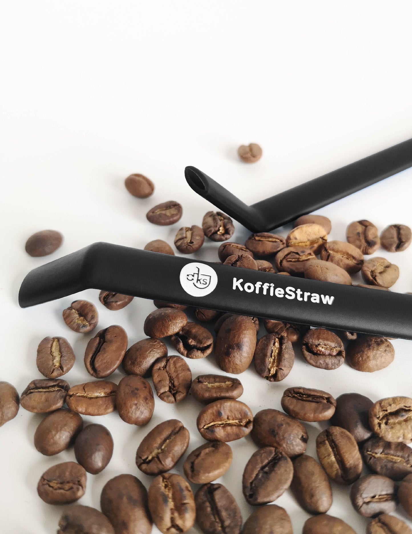 2-Pack of Black KoffieStraws:  Black 10" + Black 8" with stainless steel cleaning brush in home compostable packaging
