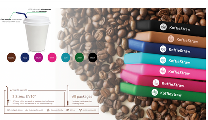 2-Pack of Black KoffieStraws:  Black 10" + Black 8" with stainless steel cleaning brush in home compostable packaging