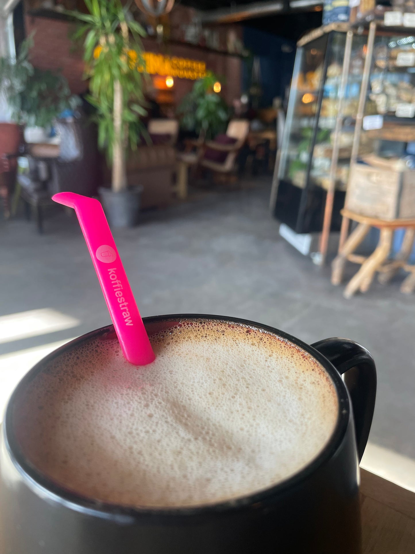 2-Pack of Hot Pink KoffieStraws: Pink 10" + Pink 8" with a stainless steel cleaning brush in home-compostable packaging