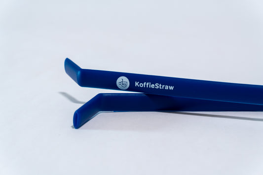 2 Pack of Navy KoffieStraws: Navy 10" + Navy 8" with stainless steel cleaning brush in home-composable packaging