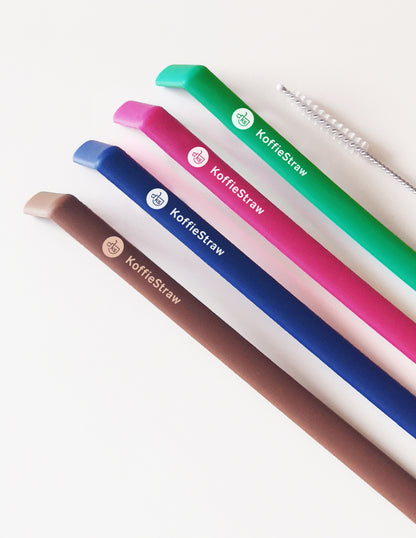 4-Pack of Reusable KoffieStraws: Green, Mocha, Navy, Plum,  (all 10") with stainless steel cleaning brush in compostable packaging
