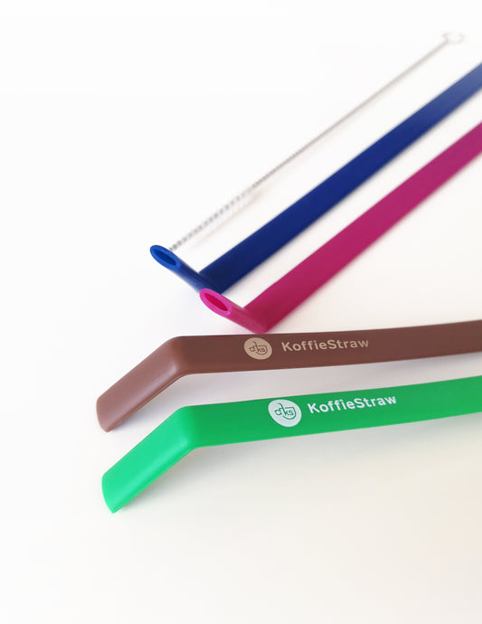 4-Pack of Reusable KoffieStraws: Green, Mocha, Navy, Plum,  (all 8") with stainless steel cleaning brush in compostable packaging