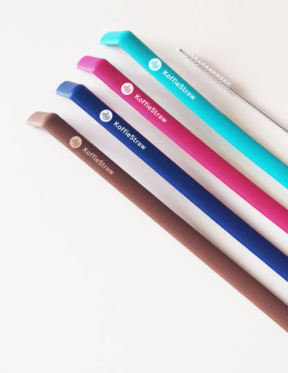 4-Pack of KoffieStraw 8": Mocha, Navy, Plum, Surf with stainless steel cleaning brush in a home compostable packaging