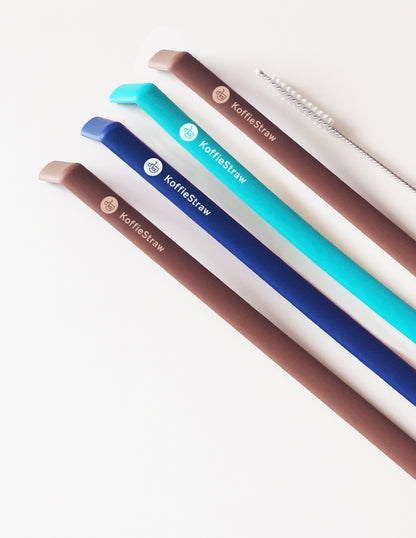 4-Pack of Reusable KoffieStraws: Mocha, Navy, Surf, Mocha (all 10") with stainless steel cleaning brush in compostable packaging