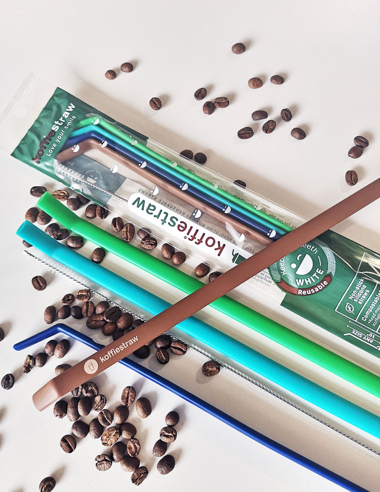 4-Pack of KoffieStraws: Green, Mocha, Navy, Surf,  (all 10") with stainless steel cleaning brush in compostable packaging