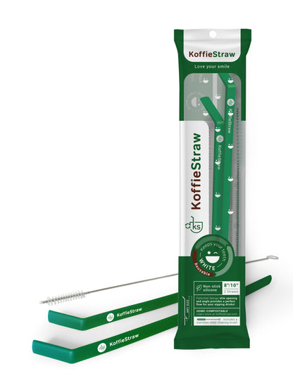 2-Pack of Green KoffieStraws: Green 10" + Green 8" with stainless steel cleaning brush in home-compostable packaging