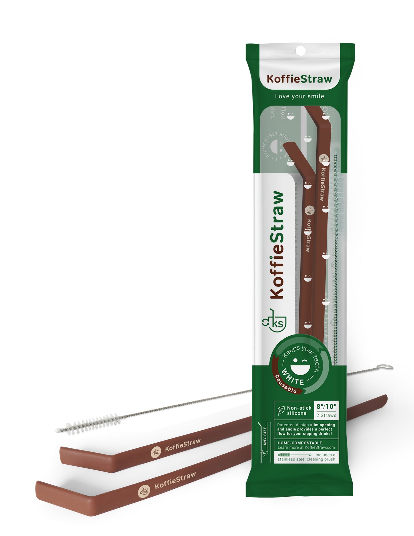 2-Pack of KoffieStraw: Mocha 10" + Mocha 8" with a stainless steeling cleaning brush in home-compostable packaging