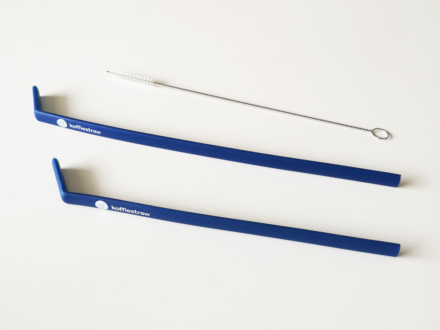 2 Pack of Navy KoffieStraws: Navy 10" + Navy 8" with stainless steel cleaning brush in home-composable packaging
