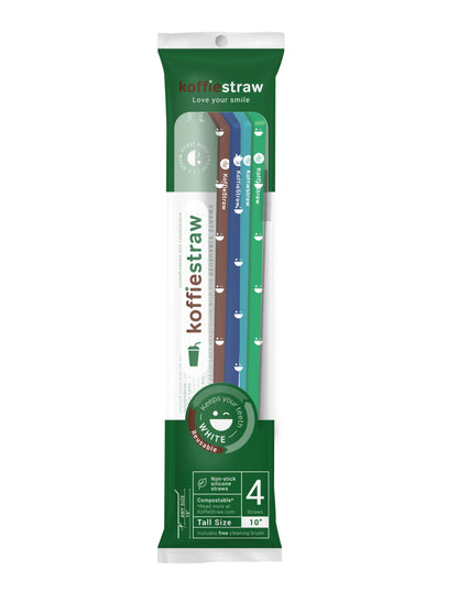 4-Pack of KoffieStraws: Green, Mocha, Navy, Surf,  (all 10") with stainless steel cleaning brush in compostable packaging