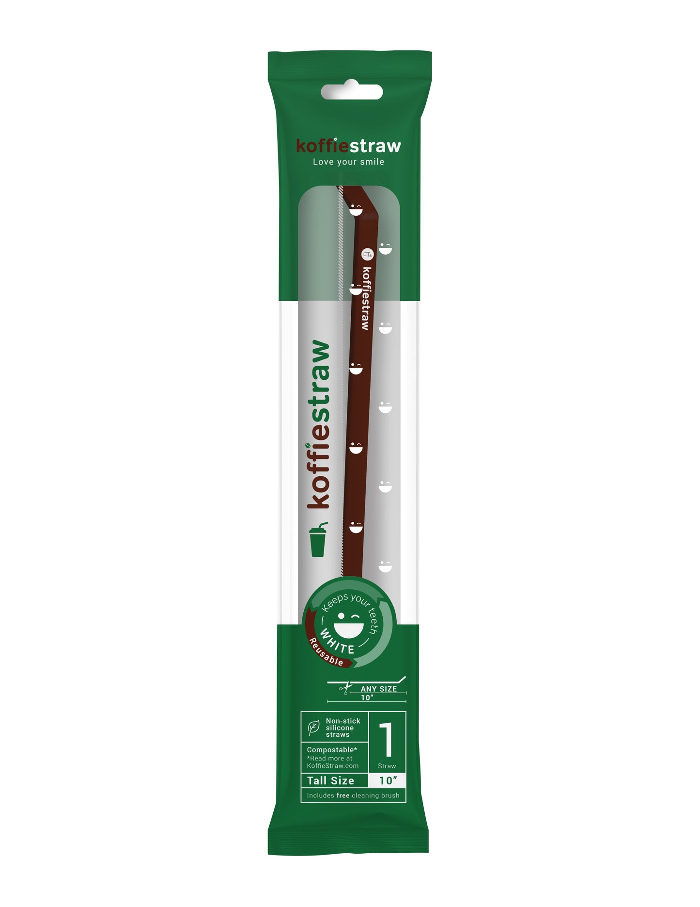 1-Pack of Mocha 10" KoffieStraw & stainless steel cleaning brush in a home compostable packaging