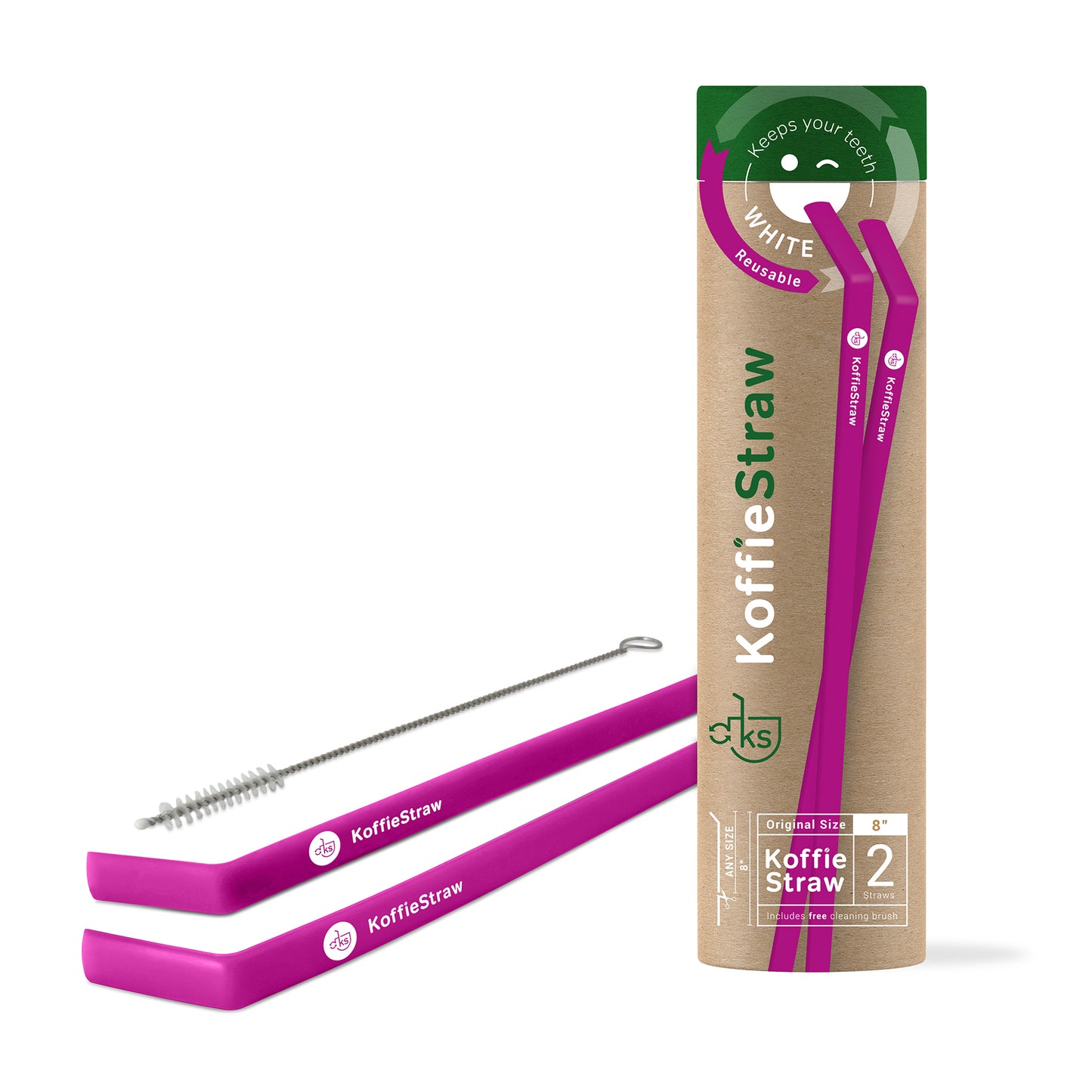 GIFT TUBE of Sugar Plum KoffieStraws: 2x of 8" KoffieStraws and 1x stainless steel cleaning brush
