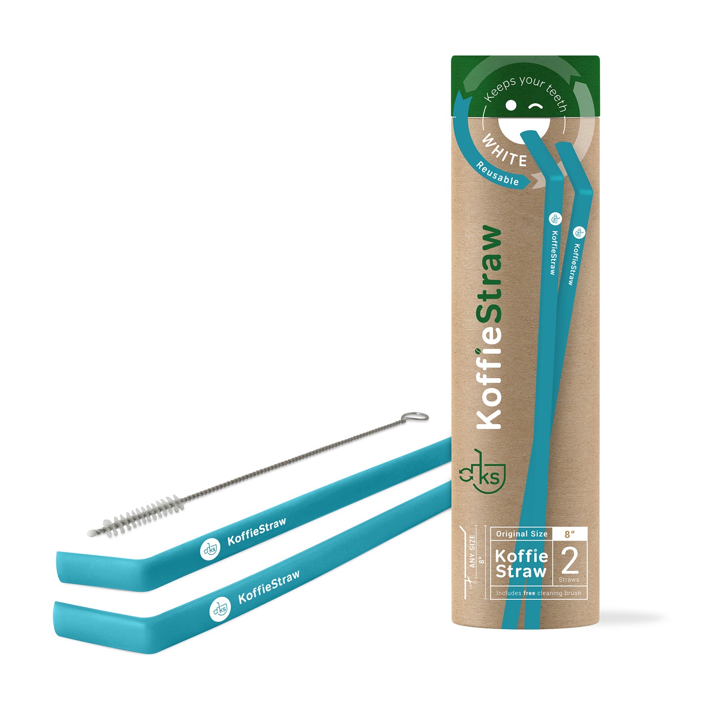 GIFT TUBE Surf blue KoffieStraws: 2x of 8" KoffieStraws and 1x stainless steel cleaning brush