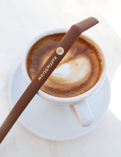2-Pack of KoffieStraw: Mocha 10" + Mocha 8" with a stainless steeling cleaning brush in home-compostable packaging