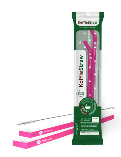 2-Pack of Hot Pink KoffieStraws: Pink 10" + Pink 8" with a stainless steel cleaning brush in home-compostable packaging