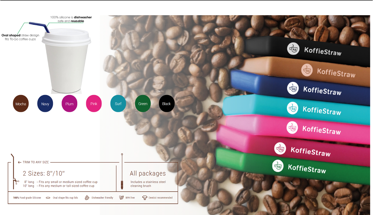4-Pack of KoffieStraw 10": Pink, Black, Mocha, Surf with stainless steel cleaning brush in a home compostable packaging